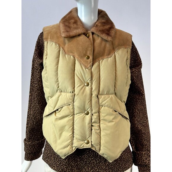 Woolrich Womens Western Style Down Puffer Vest With Faux Fur Collar Beige/Brown - Picture 8 of 16
